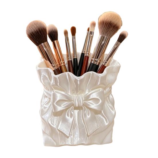 Dressing Table Brush Holder Satin Bow Bag Makeup Holder, 3D Printed Beauty Tool Organizer Cosmetic for Desk, Large Bowknot Pouch Pencil Storage
