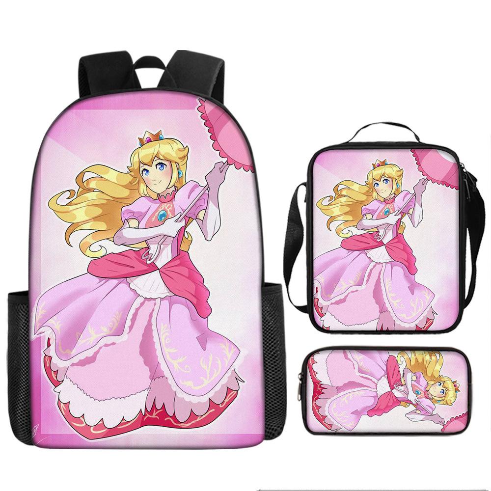 Sada batohů s kresleným motivem Super Maria, Školní taška princezny Peach, 3dílná, polyesterová, Batoh s herním motivem