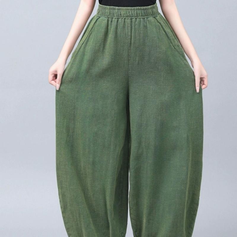Vintage Chinese Style Summer Pure Cotton Faux Linen Women's Loose Tai Chi Pants Harem Long Lantern Pants Design