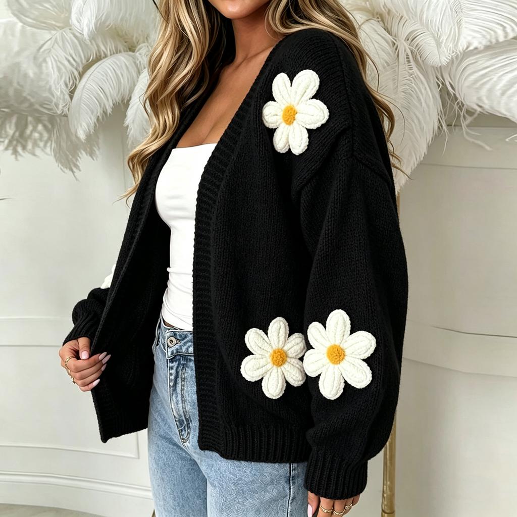 Damen Strickjacke Lockerer Schnitt Farbe mit Großem Blumendruck für Lässige Alltagsmode