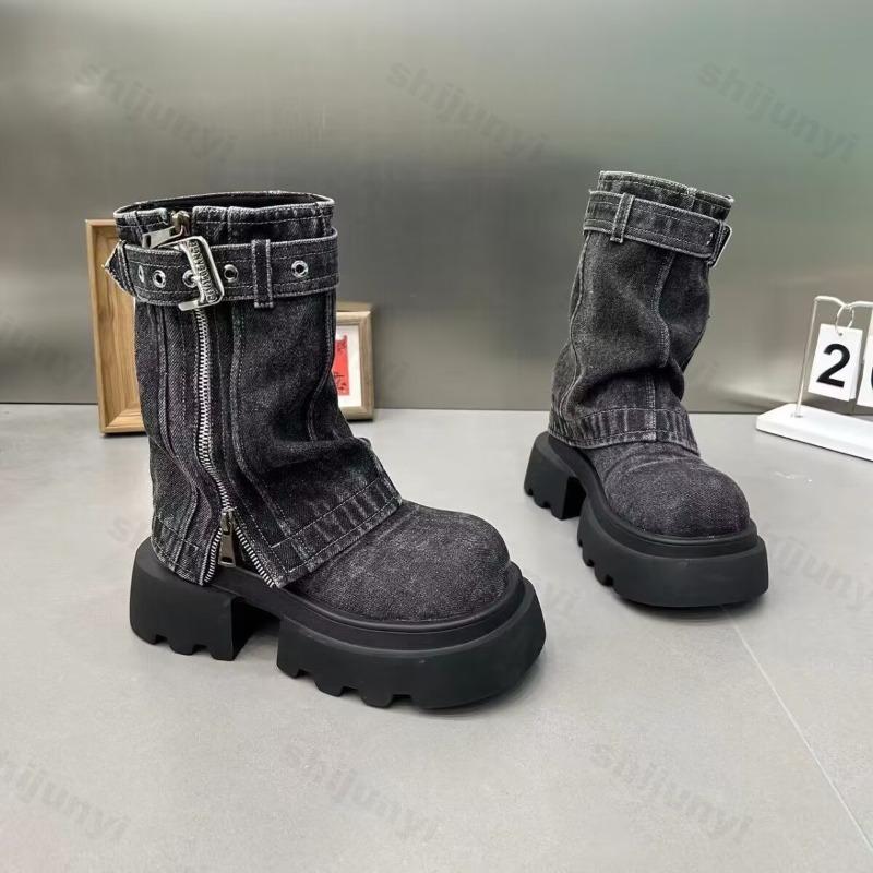 Women Boots 2026 Autumn Cowboy Mid-calf Boots Zipper Ladies Platform Boots Mid Heels Designer Shoes Motorcycle Botas Mujer