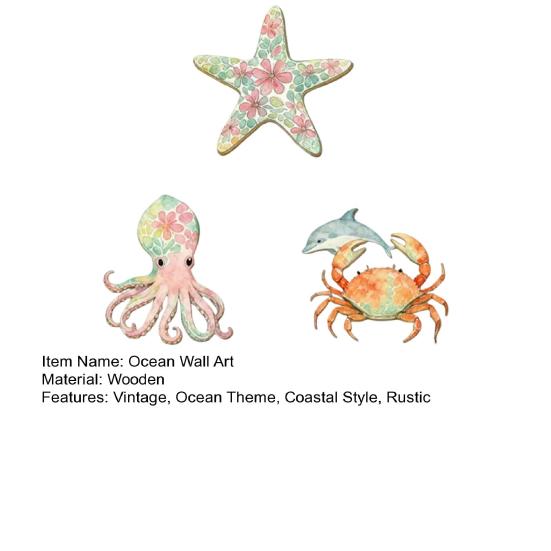 3 Pezzi Decorazioni da Parete in Legno per Spiaggia, Stella Marina Polpo Granchio Balena Nautica Costiera Vintage Wall Art, Ornamenti Vita Marina Oceano per Bagno, Soggiorno,