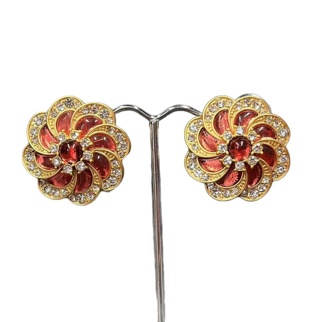 Medieval Earrings Vintage Court Style Drop Glaze Enamel Color Camellia Stud Earrings Plated 24k Gold