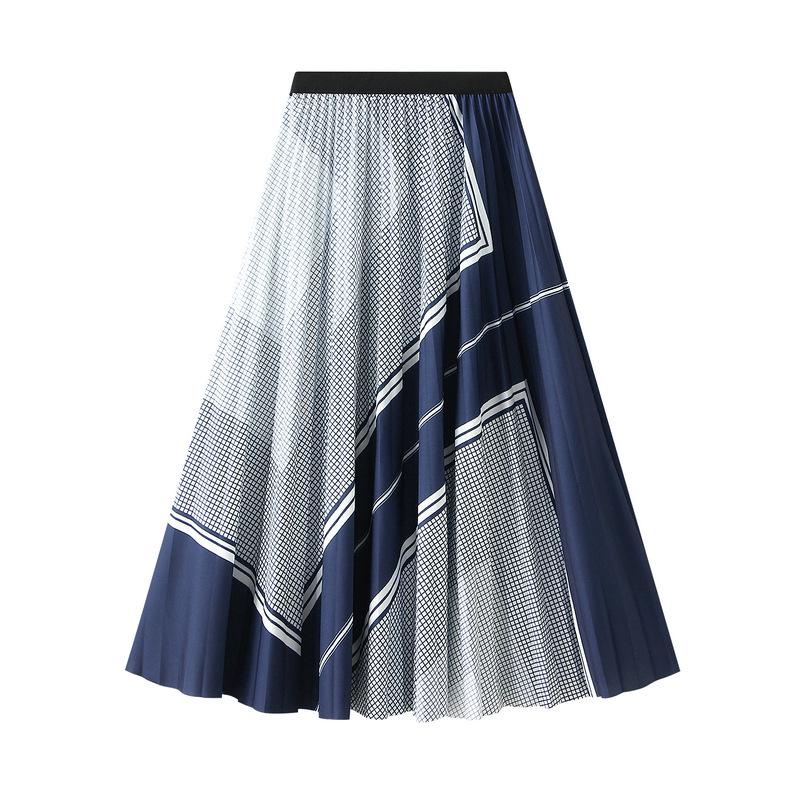 

Women s 2022 Autumn High Waist Pleated Digital Print Mid-Length Skirt One Size синий