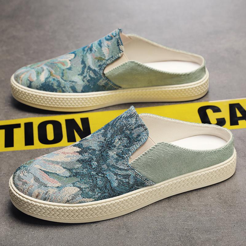 Half Shoes For Men Mules Canvas Slip On Flats Slippers Summer Backless Slippers Loafers 2025 Man Slides Mens Casual Shoes