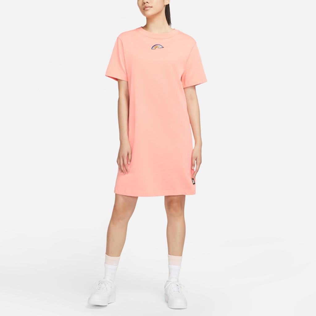 Nike Sportswear Rainbow Embroidered Color Block Logo Letter Print Round Neck Sports Knit Short Sleeve Dress Women Dresses Deep-Red DJ6202-641