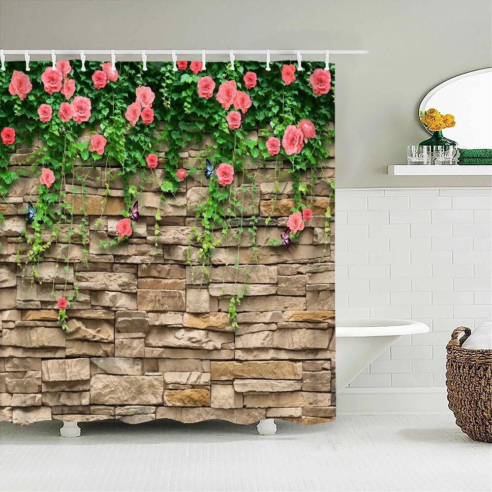 Rural Landscape Fabric Shower Curtain Bathroom Curtains Rock Brick Wall Plant Flowers Waterproof Decor Bath Screen With Hook