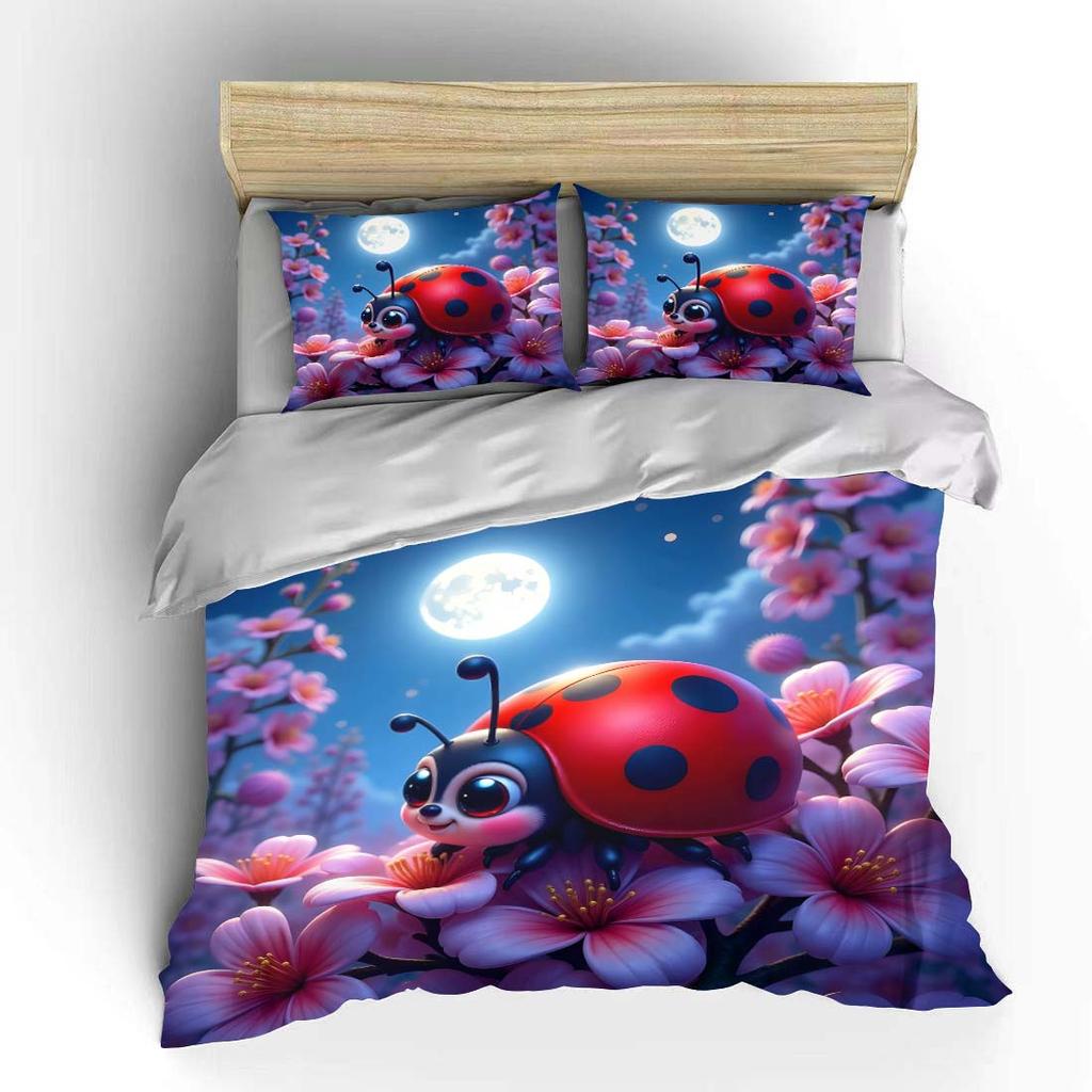 Ladybug On Cherry Blossoms Moonlit Night Pattern Duvet Cover Set Digital Print Colorful Polyester Bedding With Zipper Closur