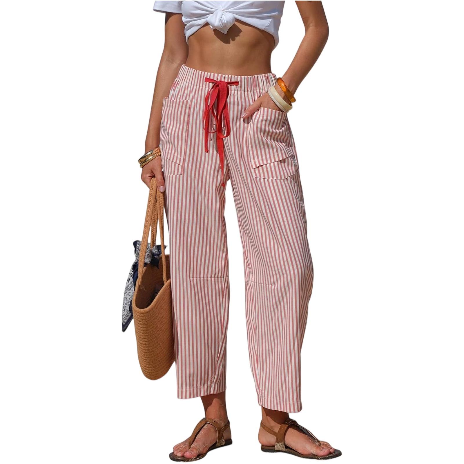 

Women’s Drawstring Waist Striped Casual Loose Fit Pants Lightweight Breathable Relaxed Trousers with Pockets XL червоний