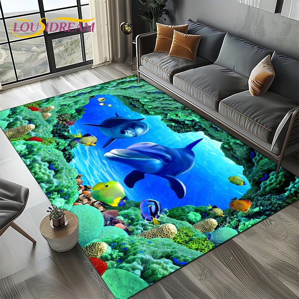 Underwater World 3D Illusion Seabed Cartoon Shark Dolphin Carpet Rug for Living Room Bedroom Home Sofa Decoration,Floor Mat Kid