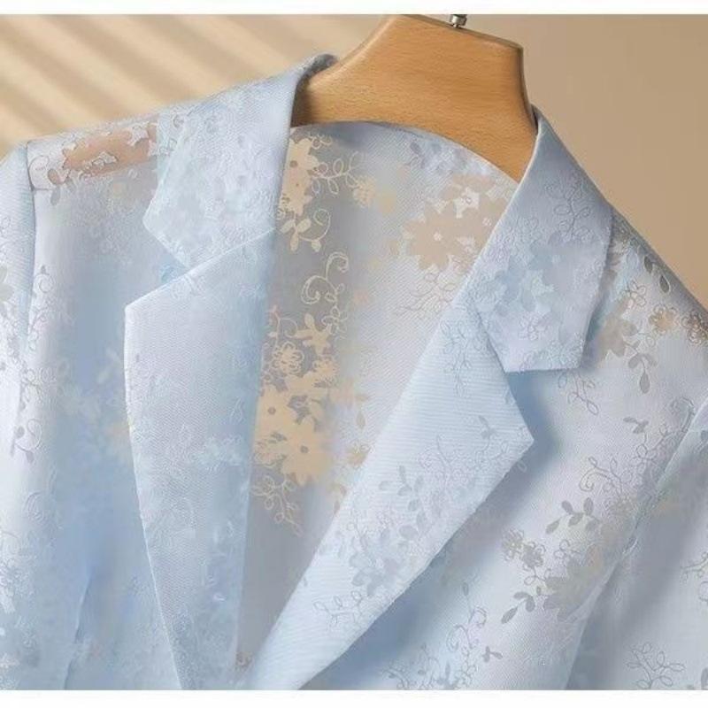 Women's Suit Jacket Plus-Size Blazer Summer Thin Sun Protection Slim Fit Hollow Lace Three-Quarter Sleeves Blazer Top