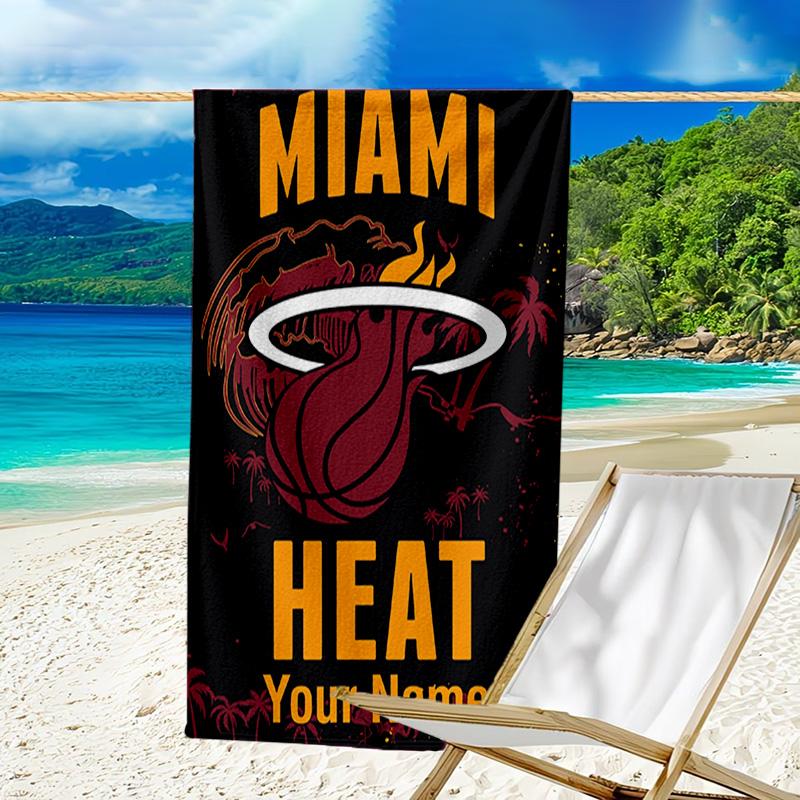 Custom Name Beach Towel Miami-Heat Basketball Art Beach Towel, Soft Microfiber, Gift for Her/Him, Birthday, for Pool, Beach, Travel, Fan gifts