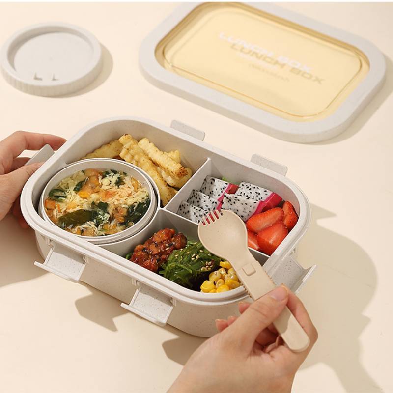 Wheat Straw Lunch Box With Soup Bowl For Office Workers And Students Packaged Food Storage