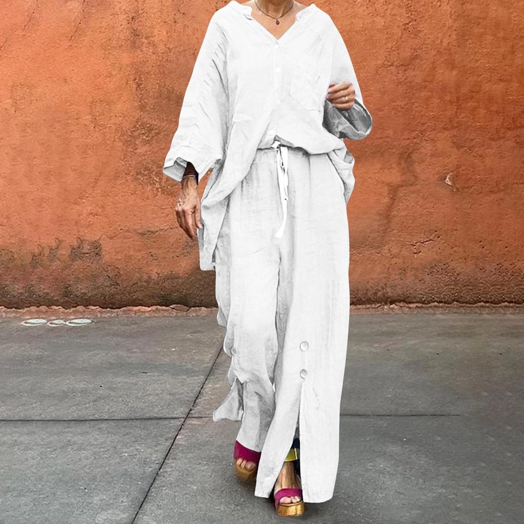 Women Casual Two Piece Set Cotton Linen Shirt Drawstring Wide Leg Pants Lightweight Breathable Relaxed Fit Outfit for Everyday Wear