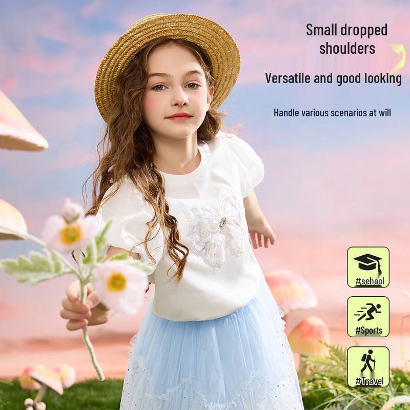ASK JUNIOR Girl's Short Sleeve T-Shirt with Puff Sleeves and 3D Bow