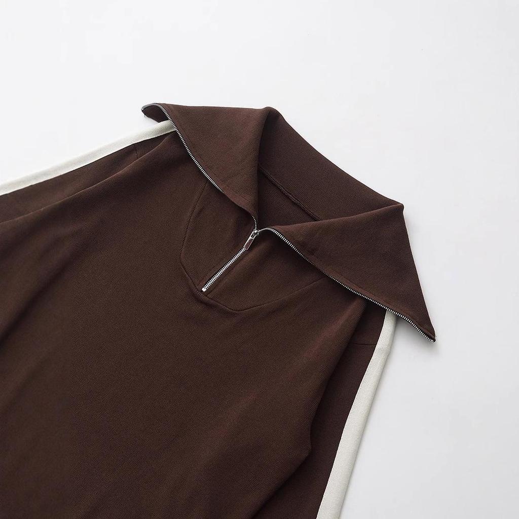 Women's Spring Coffee Stripe Pullover Sweater & Color Block Knit Pants Set