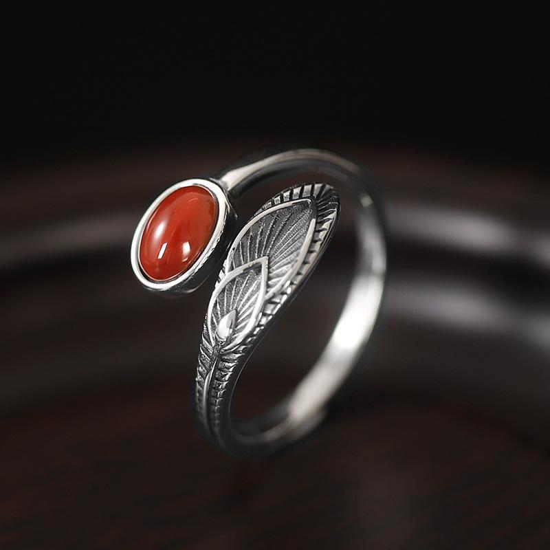 Feather Crystal CopperRing Amazon Agate Gemstone South Red Agate European Trends Noble Banquet Gift Women Ladies