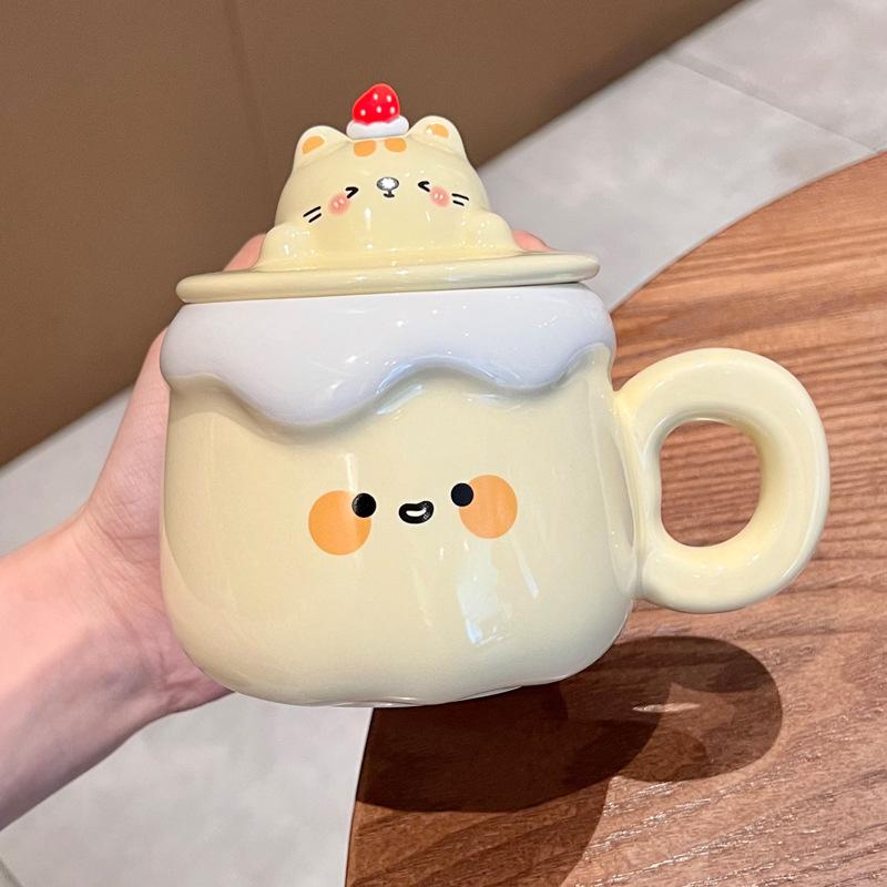 Gift Super Cute Pudding Mug Household Ceramic Water Cup with Lid Spoon Coffee Cup Souvenir