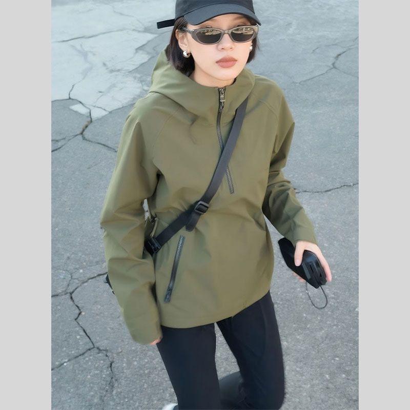

Great-looking Korean Small Unique Outdoor Casual Sports Half-zipper Hooded Tweed Style jacket Outwear Women Green Jacket M(52.5-57.5kg)