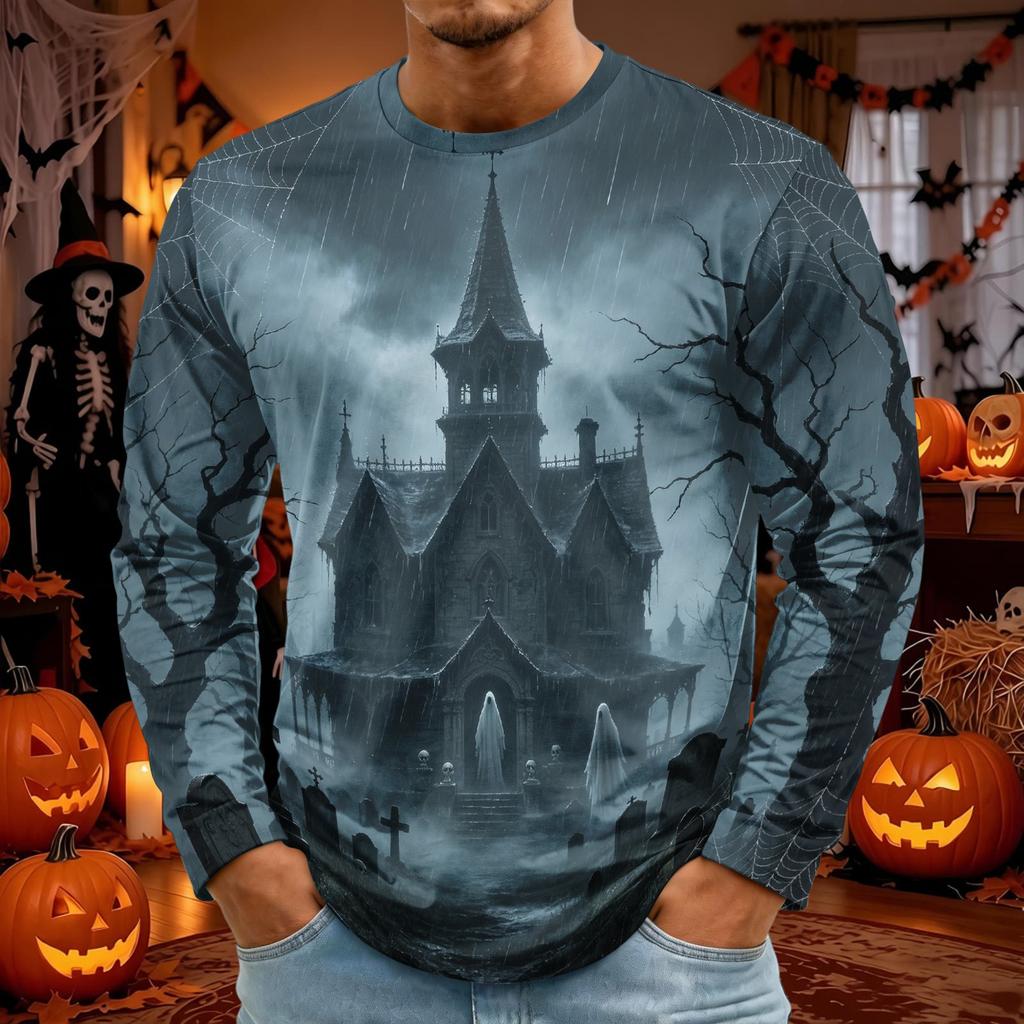 Men's Halloween Print Long Sleeve Neck T-Shirt for Party and Casual Wear