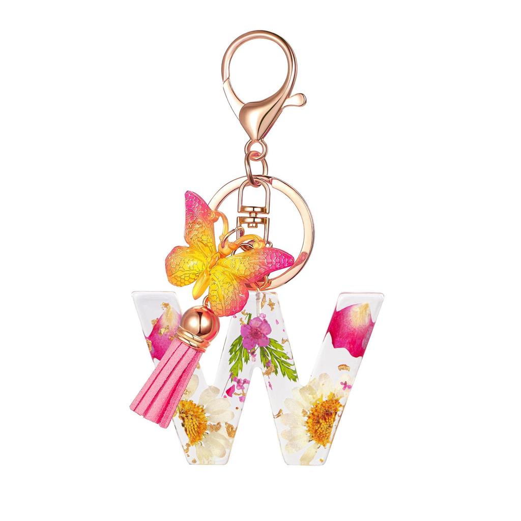 Flower Resin Keychain With Tassels And Butterfly Design 26 Letters Pendant Classic Retro Practical Durable Backpack Hanging Accessory