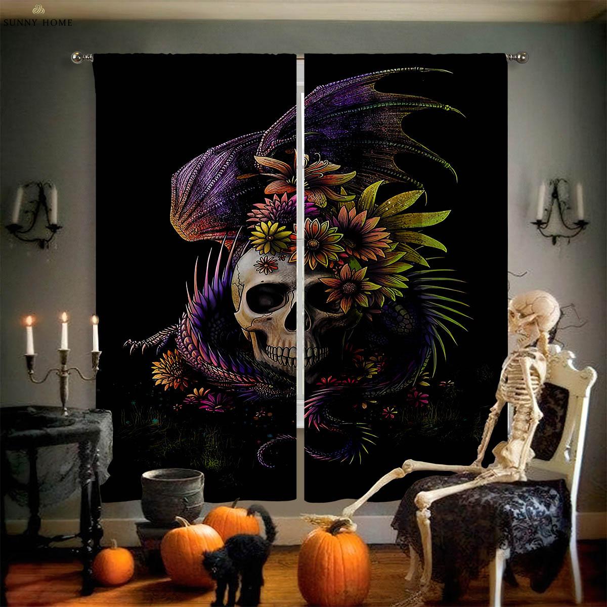 

Цветочный череп 3D печатные шторы Высококачественные черные шелковые теплоизоляционные затемняющие шторы для спальни, кабинета, гостиной W100xH130(CM) folio&Grommet Top