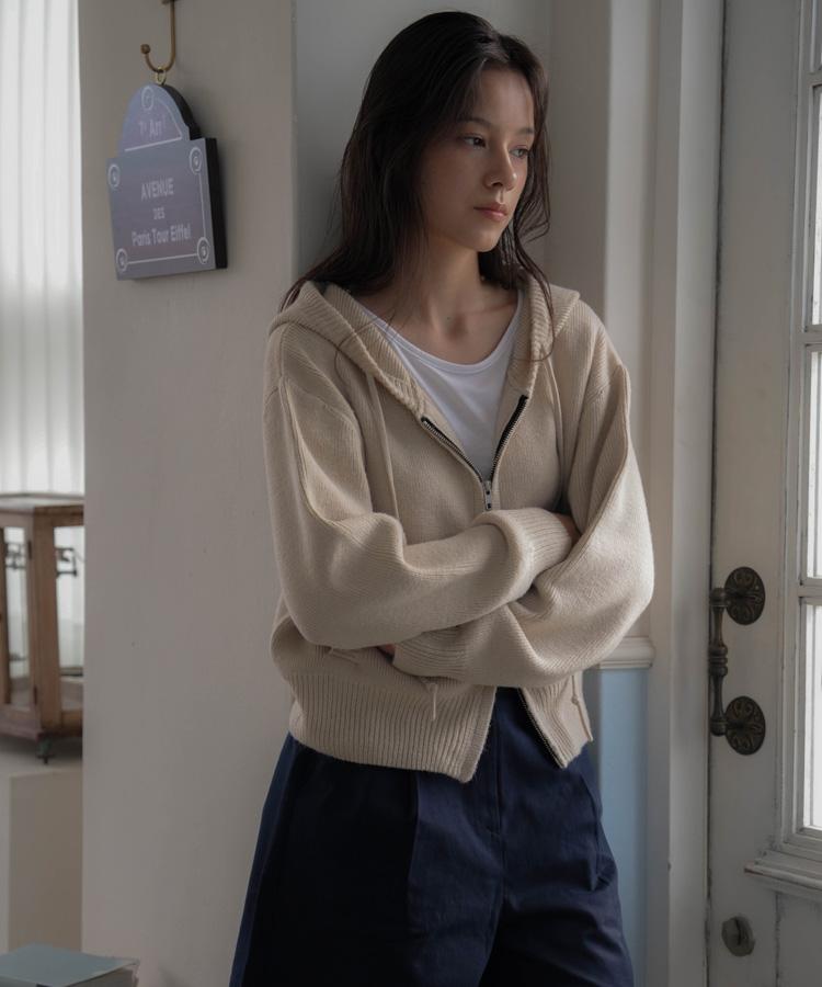 DEHEVE Two-Way Hood Zip-Up Knit [Beige]