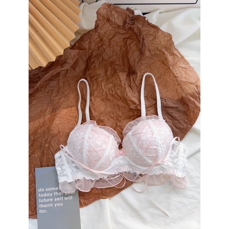 Women Cute Pink White Lace Wireless Bra with Ruffle Trim and Ribbon Ties