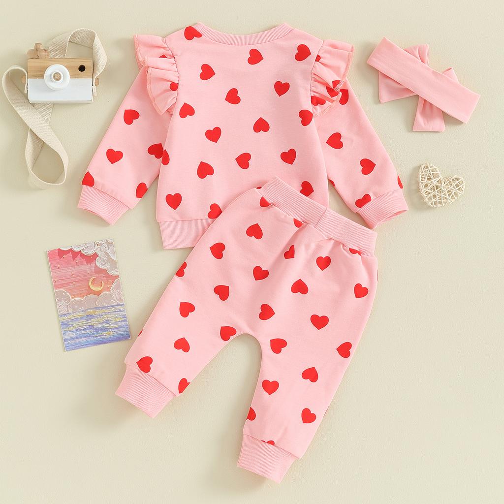 Citgeett Spring Valentine's Day Toddler Girls Sets Long Sleeve Heart Print Sweatshirt Drawstring Pants Headband Clothes Sets