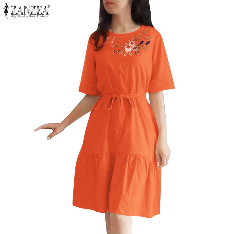 

ZANZEA Женское повседневное платье с короткими рукавами и круглым вырезом с цветочной вышивкой