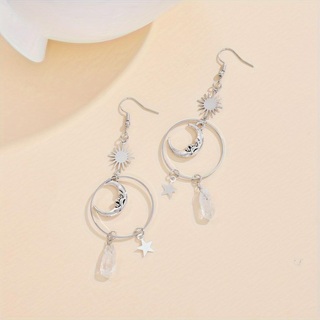 Boucles d'oreilles pendantes tendance Lune Vent Étoile Argent Irrégulières Naturelles Blanches, Bijoux étincelants pour les fêtes, Boucles d'oreilles exquises pour les cadeaux