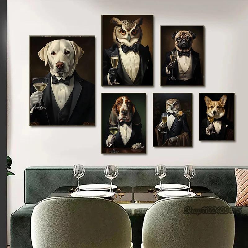 Funny Animals Raccoon In Tuxedo Owl Pug Suit Print Poster Canvas Painting Cute Kawaii Wall Art Pictures Living Room Home Decor