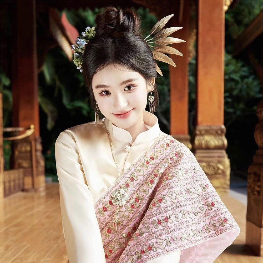 Ancient Thai Hair Sticks Rhinestone U-shaped Hairpin Retro Gold Hair Fork  Women