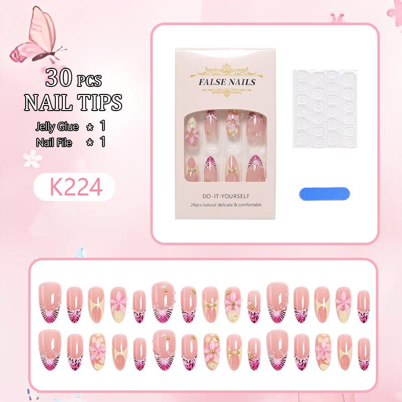 30PCS European & American Style 3D Almond Flower & Leopard Print Rhinestone Fake Nails