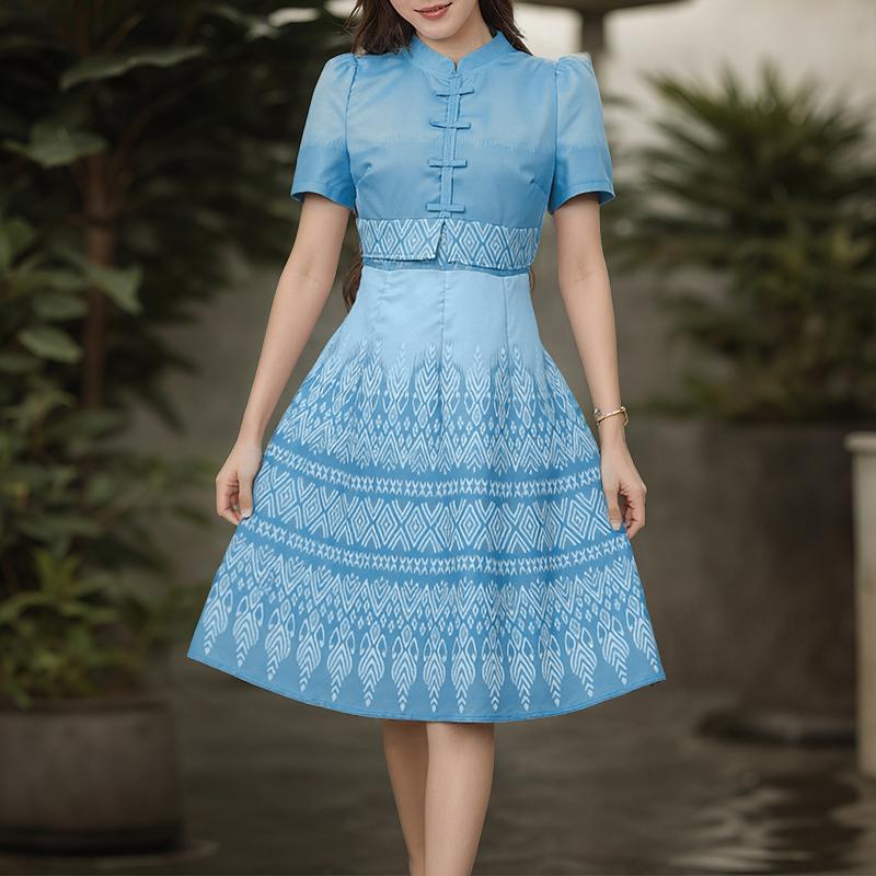 ZANZEA Women Summer Stand Collar Casual Short Sleeve Print Dress