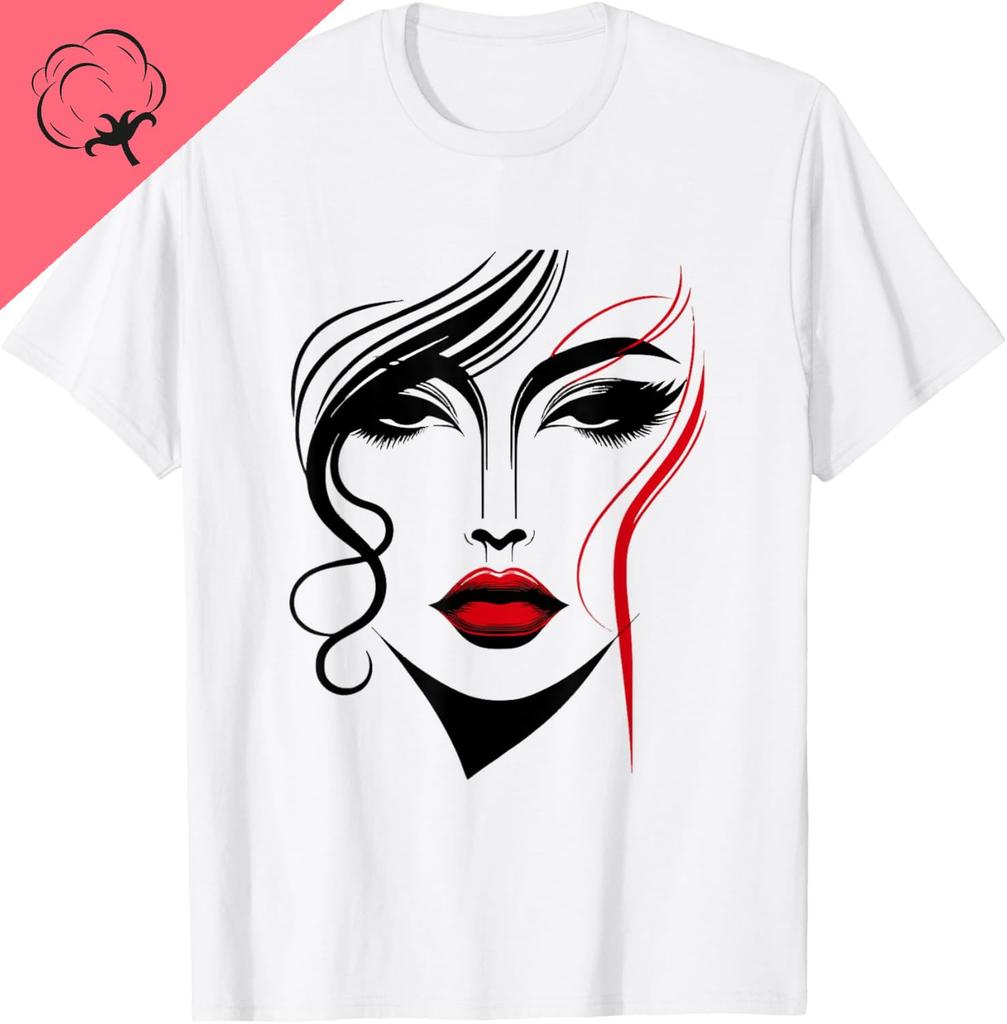 Abstract Female Face with Red Lipstick Abstract Art Piece T-Shirt Cotton Women's T-shirts Breathable and Comfortable Ropa Hombre