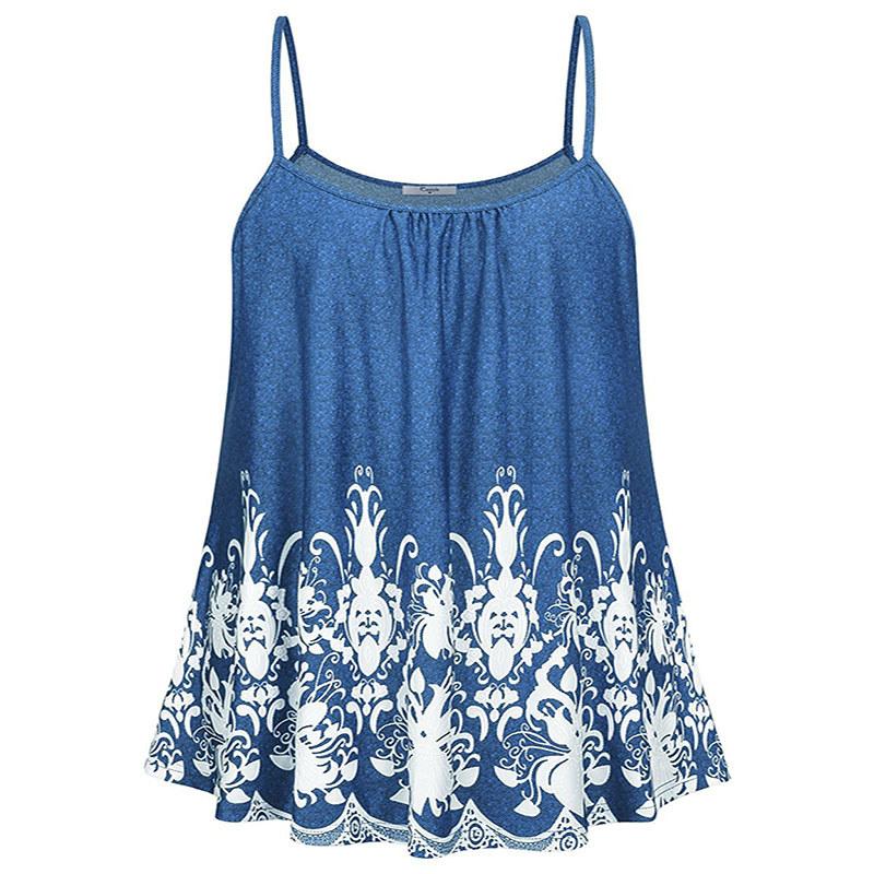 Elegant Women Print Loose Casual Summer Pleated Flowy Sleeveless Camisole Tank Tops