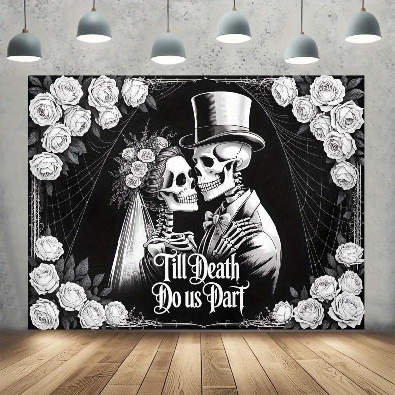 2D Flat lay 1 Gothic Wedding Banner and Photography Backdrop - Black and White Skeleton Couple with Roses and Spiderweb Design
