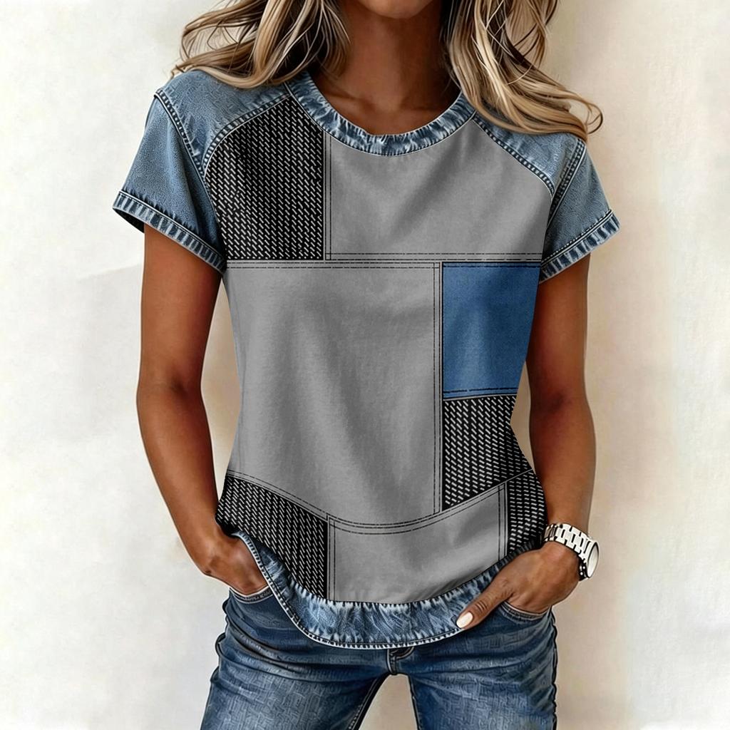 Top da Donna Casual a Manica Corta Patchwork Stampato Girocollo Vestibilità Larga T-shirt Blusa con Cuciture Stile Denim per Uso Quotidiano