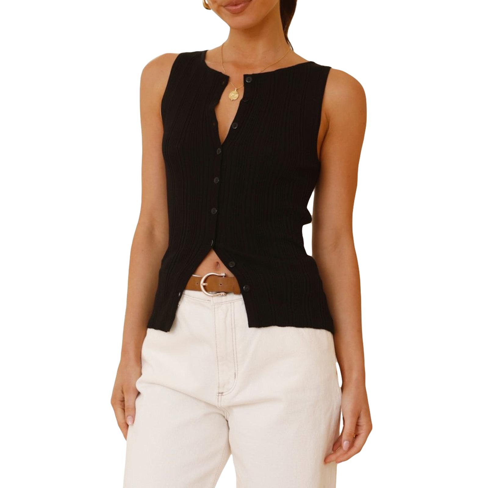 

Женские ребристые трикотажные топы, тонкие однотонные рубашки без рукавов с круглым вырезом и застежкой на пуговицы на лето S чёрный