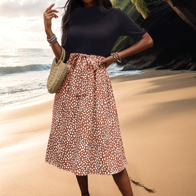 Summer Versatile Elegant Fresh and Sweet Semi-turtleneck Leopard Print Color Matching Dress