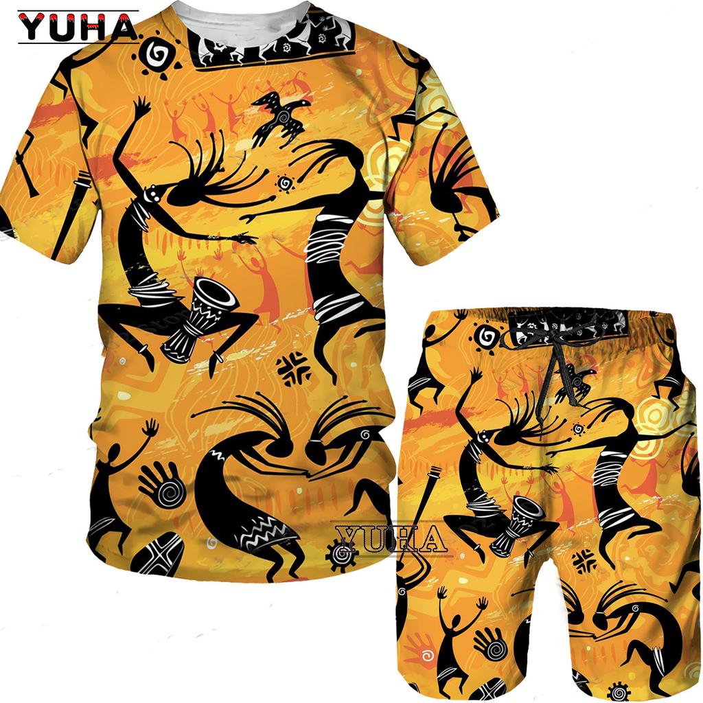 YUHA,Short Sleeve Plus Size Men Retro Ethnic Print Tracksuit Couple Dashiki Clothes Summer African Men's T Shirt Shorts Two Piec
