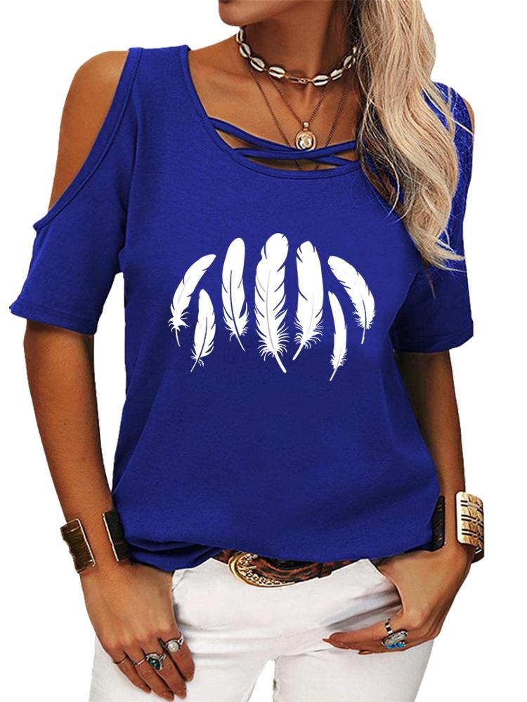 Women Casual Short Sleeve Shirt Summer O Neck T-shirt Ladies Fashion Print Off Shoulder Top