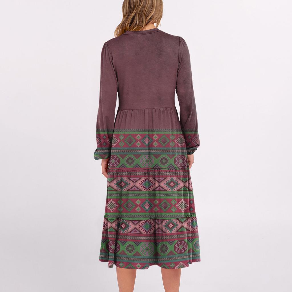 Damen V-Ausschnitt Fließendes Bohemian Langarm Blumenprint Kleid