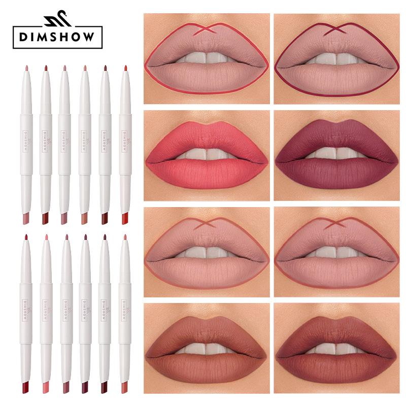 Dimshow Matte Lip Liner Lipstick 2 In 1 Pen Long Wearing Non Transfer Sexy Red Rotating Double Headed Makeup Cosmetics