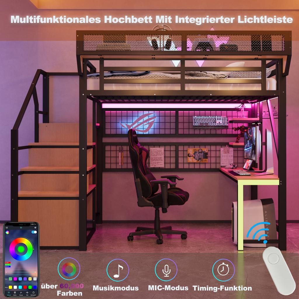 Metall-Hochbett 140 × 200 cm, Mit Schreibtisch, Regal und Netz, Komplett mit Sicherheitsleiter, LED-Beleuchtung und Steckdose, Erhöhte Bettreling, Schwarz