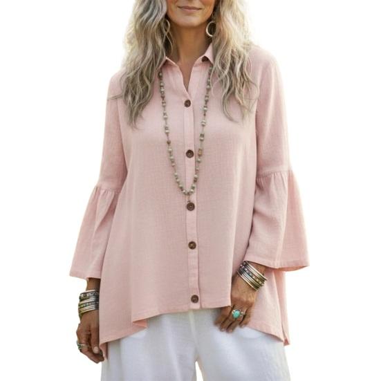

Women s Bell Sleeve Button Down T Shirt Collared Long Sleeve Top Fall Spring Casual Loose Chiffon Blouses 2XL рожевий