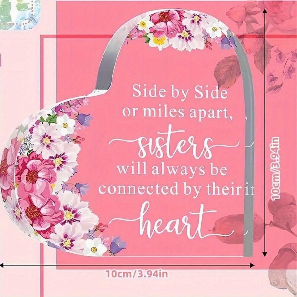 "Sisters Connected by Heart" Acrylic Plaque. Inspiring keepsake paperweight & table centerpiece.