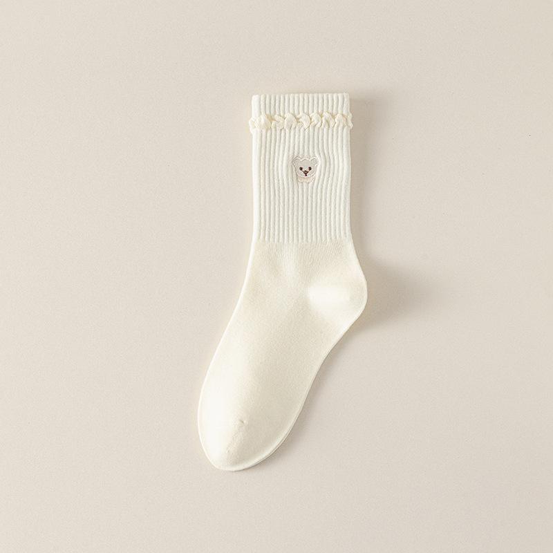Women's Autumn and Winter Mid-calf Socks, Cute Little Bear Women's Socks, Long Calf Socks, Color-blocked Pile Socks, Boneless Cotton Socks At The Top