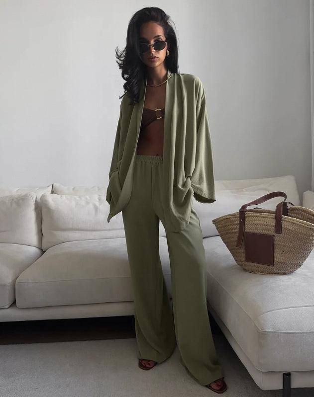 Women's Autumn Casual Two-Piece Set: Waist-Cinching Belted Cardigan & Long Pants